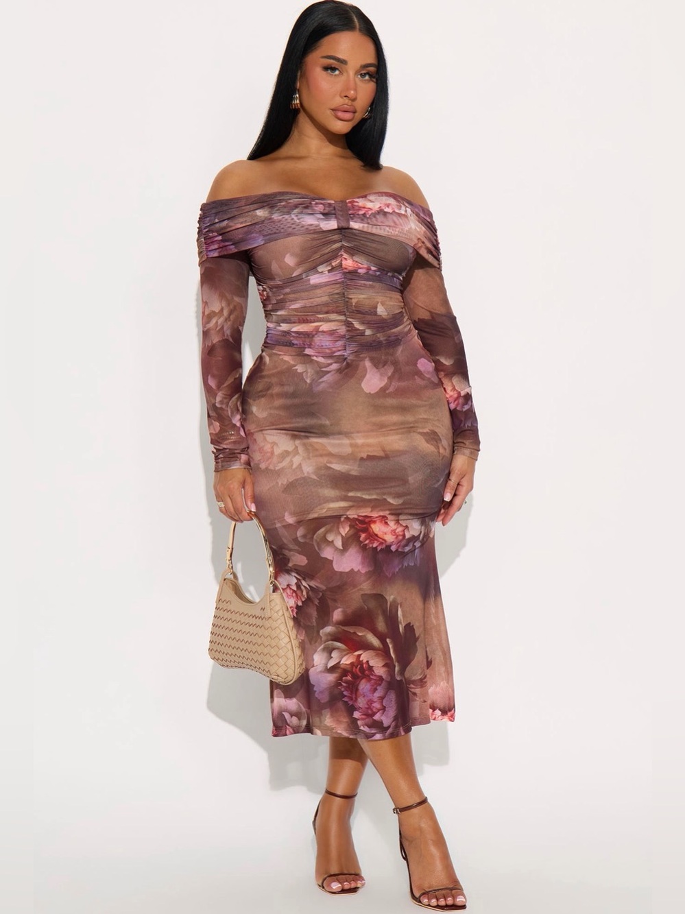 Fashion Nova Off-Shoulder Floral Midi Dress in Brown and Pink - Picture 1 of 5